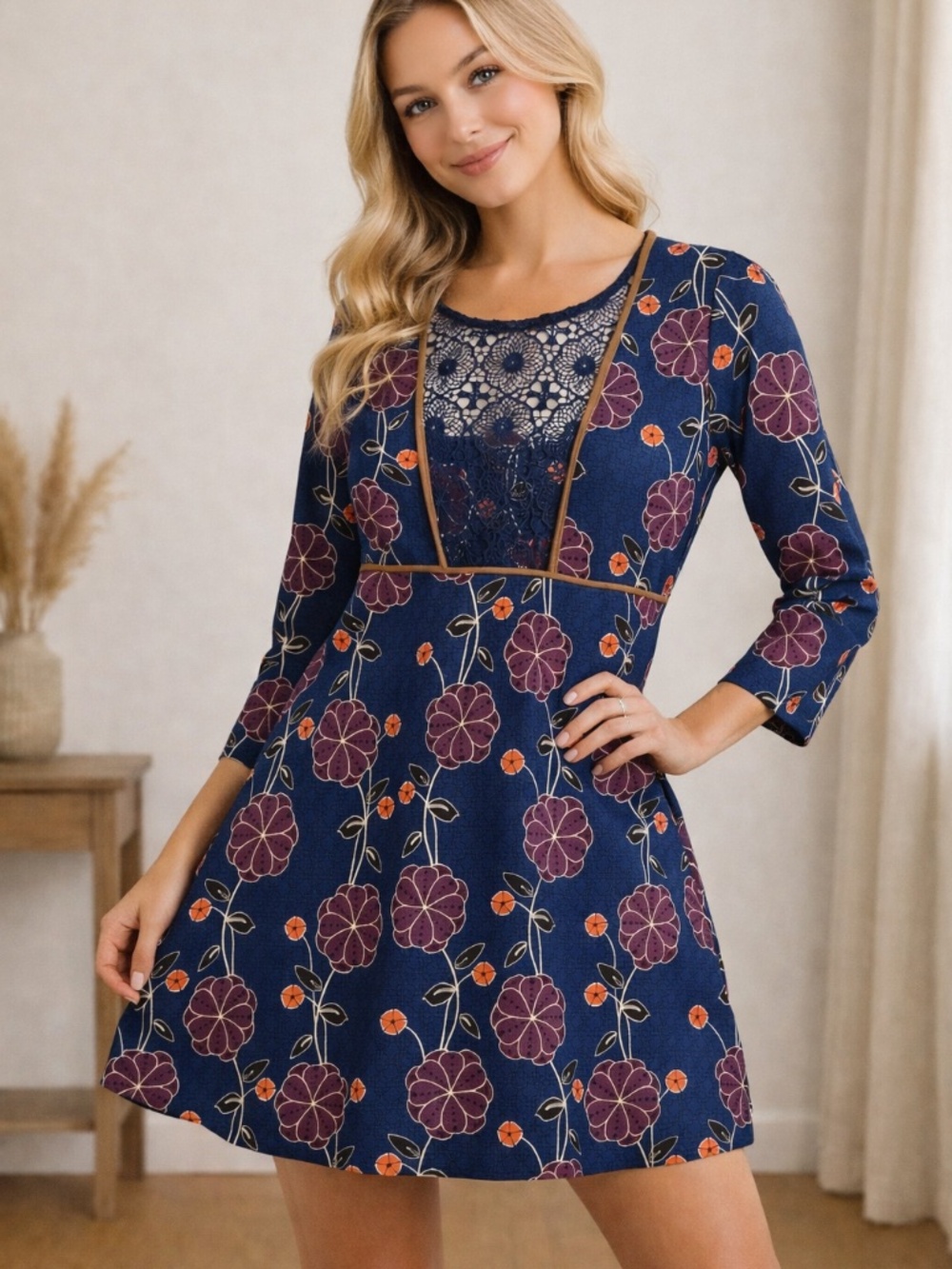 NWT ASOS Floral Lace Panel Fit & Flare Mini Dress Navy/Multi Size 14